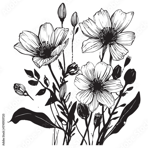Flower abstract hand-drawn brush, ink or chalk stroke. Sketch hand-drawn silhouette, floral plant, leaf grunge abstract vector illustration. Simple flower, leaf charcoal, pencil, crayon style elements