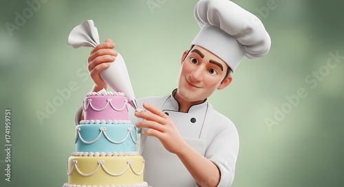 Baker Decorating a Multi-Tier Cake with Frosting A Delightful Culinary Illustration