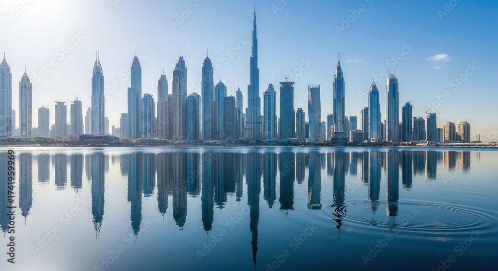 Fototapeta premium A grand skyline of towering modern structures rises above calm water perfectly reflecting the urban panorama under a bright sky with subtle ripples on the surface