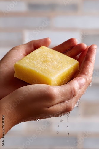 Fresh Lemon Scented Soap Bar Held by Wet Hands with Water Drops