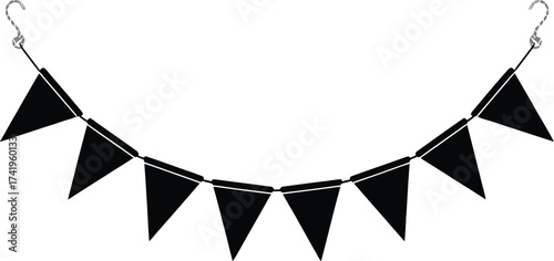 Black pennant banner string with hooks ideal for design on transparent background silhouette