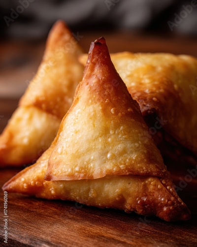 Crispy Potato Samosa with Delicious Filling on Wooden Surface