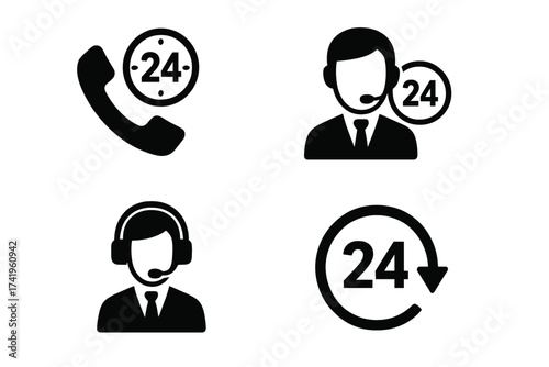 24-hour customer phone service icon set. Vector illustration of call center operator, support agent with headset. Nonstop 24/7 helpdesk, hotline contact assistance.