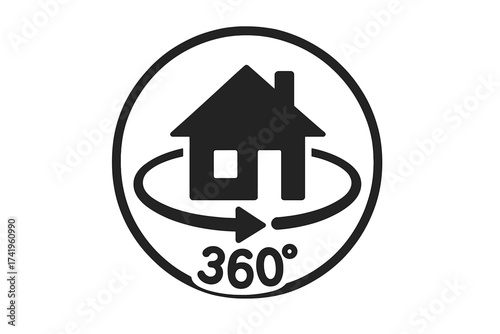 360 degree house view icon for virtual tour and panorama. Real estate property symbol. Home augmented reality technology sign. Round vector graphic for web and app design.