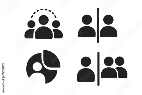 Business icon set for teamwork, leadership, and community. Includes social distancing, separation, and division symbols. User segmentation and market share chart for infographics.