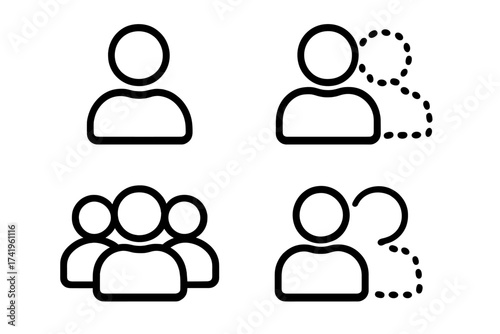 User icon set. Person and group symbols for UI design. Add, remove, and new user icons for web, apps, and social media. People, profile, avatar, member, community, and team pictograms.