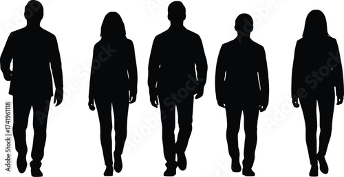 Business casual silhouettes collection five people walking isolated professional attire professional group