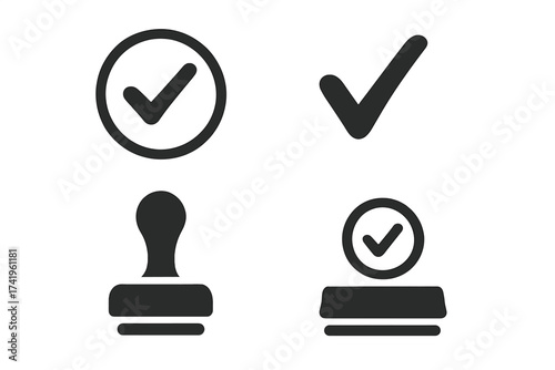 Approval stamp icon set. Permission and confirmation symbol. Approved check mark. Quality control pass sign. Certification, validation & guarantee concept. Vector accept.