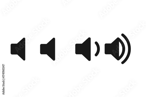 Audio speaker volume icon set. Sound level control signs. Mute, quiet and loud symbols. Vector illustration for UI design element. Megaphone pictogram collection on white.