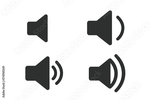 Audio speaker volume icon set. Sound level control symbols for user interface design. Vector illustration of mute, low, medium, and high volume buttons. Megaphone pictogram.