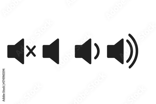 Audio speaker volume icon set. Sound level control buttons. Mute, silent, low and high volume symbols. UI UX element for web, app interface. Media player graphic.