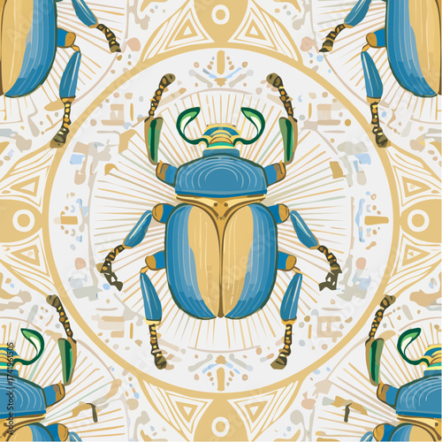 A seamless Egyptian scarab beetle pattern with symbolic details. Perfect for jewelry design, packaging, and cultural branding.