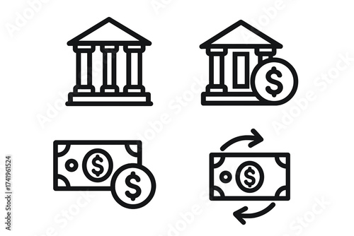 Bank icon set. Financial transaction concept. Money transfer and payment symbols. Banking and finance vector illustration. Dollar cash, currency exchange, deposit and savings icons.