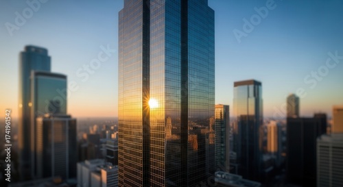 A tall modern glass skyscraper reflecting the bright sun in a blurred urban setting