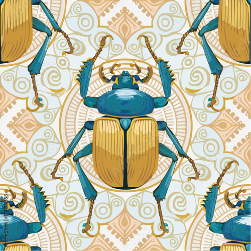 A seamless Egyptian scarab beetle pattern with symbolic details. Perfect for jewelry design, packaging, and cultural branding.