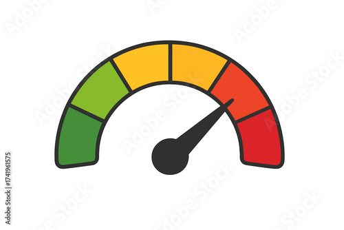 Risk meter gauge icon. High level danger. Speedometer concept. Bad credit score indicator. Performance measurement symbol. Customer satisfaction rating. Progress dashboard chart.