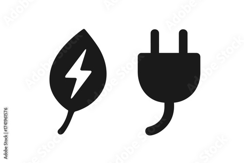 Green energy icon set. Eco friendly power concept. Leaf with lightning bolt and electric plug. Renewable, sustainable, clean electricity. Bio-energy vector sign illustration.