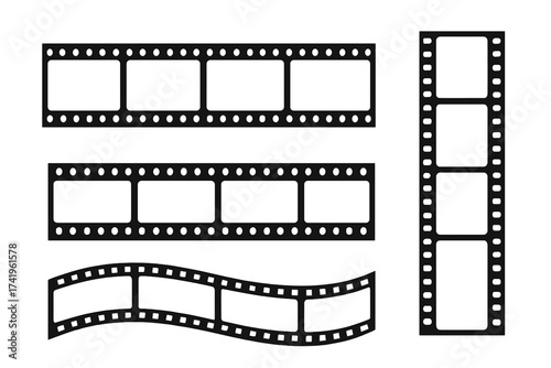 Film strip vector illustration set. Retro cinema movie filmstrip design. Vintage 35mm negative celluloid tape frame. Photography video border element collection. Old movie reel.