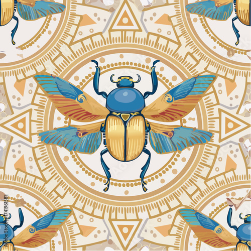 A seamless Egyptian scarab beetle pattern with symbolic details. Perfect for jewelry design, packaging, and cultural branding.