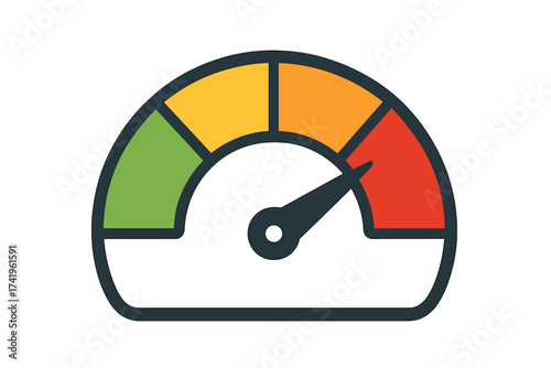 Risk meter gauge vector icon with arrow in red zone. Performance indicator for credit score, quality level, or speed. Colorful speedometer infographic for dashboard UI design.