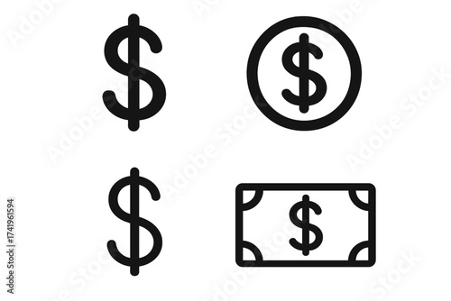 Dollar sign icon set. Money symbol vector collection. Cash, coin, and banknote icons. Finance, business, economy concept. Payment, wealth, investment, profit pictogram.