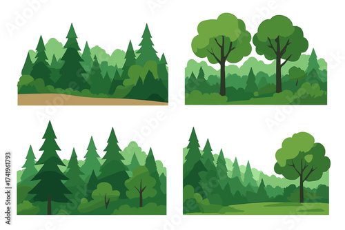 Forest tree line vector illustration set. Flat design wood and park landscape elements. Green nature scenery with pine, fir and deciduous trees. Eco background collection.