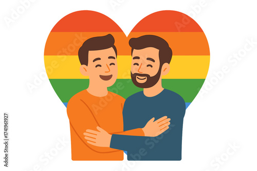 Happy gay couple hugging inside a rainbow heart. LGBTQ community concept. Two men in love, homosexual relationship pride. Flat vector illustration for pride month celebration.
