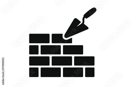 Brick wall construction icon with trowel. Vector logo for building, repair, or masonry service. Bricklaying symbol for home improvement and renovation. House building concept.