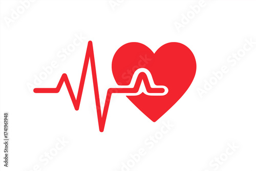 Cardiogram with heart symbol. Heartbeat rate icon with ecg line. Red vector illustration for medical, health, cardiology. Heart pulse signal on transparent background.