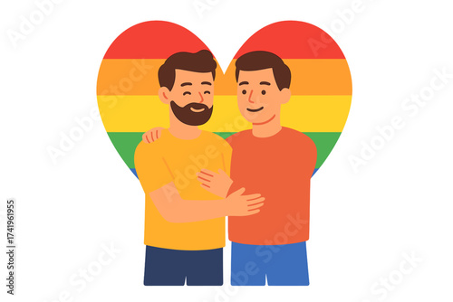 Happy gay couple embracing in front of a rainbow heart. LGBTQ+ community concept celebrating love, pride, and partnership. Vector illustration in a flat, modern design.