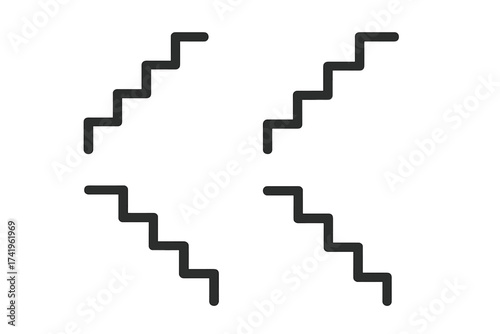 Stairs icon set. Simple line art of steps going up and down. Metaphor for career ladder, progress, success, growth, and failure. Vector illustration for business concepts.