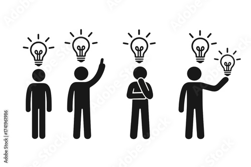 Stick figure lightbulb idea vector icon set. Business inspiration and creativity concept. People thinking, brainstorming, problem solving. Man finding a solution, eureka moment.