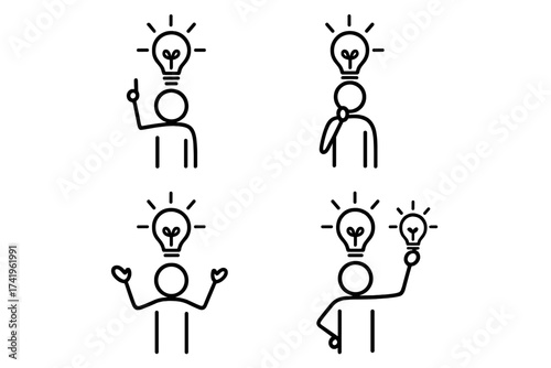 Idea symbol set. Stick figure with lightbulb vector icon pack. Business inspiration, creative thinking, innovation, problem solving, solution discovery, and eureka moment concept.