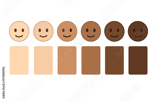 Human skin tones color palette vector set. Emoji faces showing diversity and inclusion. Skin color chart from light to dark. Multicultural people and racial equality concept.