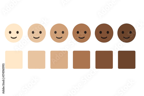 Human skin tones color palette set. Vector collection of shades from light to dark with face emoji. Diversity, multicultural, and racial equality infographic concept design.