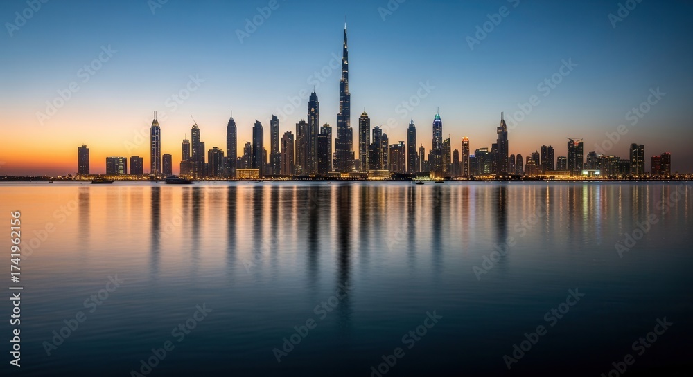 A vibrant cityscape at twilight featuring a prominent exceptionally tall skyscraper and numerous other high-rise buildings reflected in calm water under a gradient sky