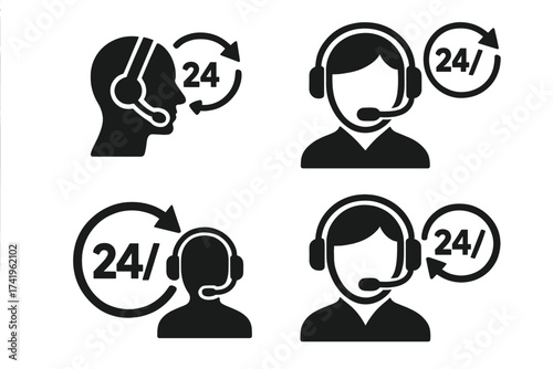 Call center agent with headset icon set. 24 7 customer support service concept. Online assistance, helpdesk operator sign. Telemarketing, technical consultation symbol.
