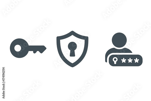 Cyber security icon set with key, shield, and password. User authentication and login concept. Data protection, privacy and access control vector symbols. Secure account access.