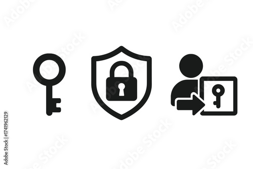 Key, access, and login icon set. Cyber security symbols for user authentication and data protection. Vector graphic for web safety, privacy, and secure account access.
