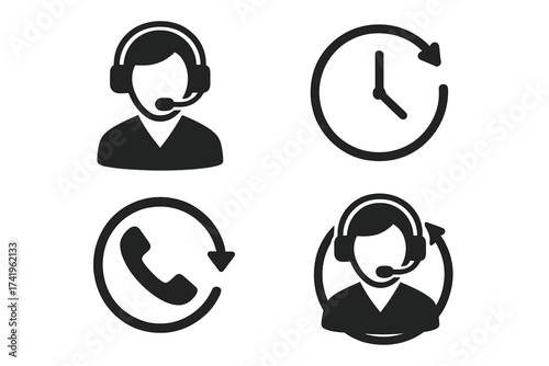 Call center support 24-7 icon set. Customer service agent with headset. Vector collection of operator, hotline, and twenty-four hour assistance for telemarketing.