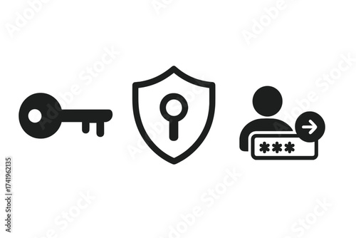 Key and shield icon set for cyber security. Vector illustration of login, password, and user access concepts. Symbols for authentication, privacy protection, and data safety.