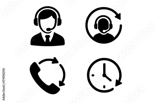 Call center support 24/7 icon set. Customer service agent with headset. Always on help desk operator. Around the clock technical assistance. Vector contact us signs.