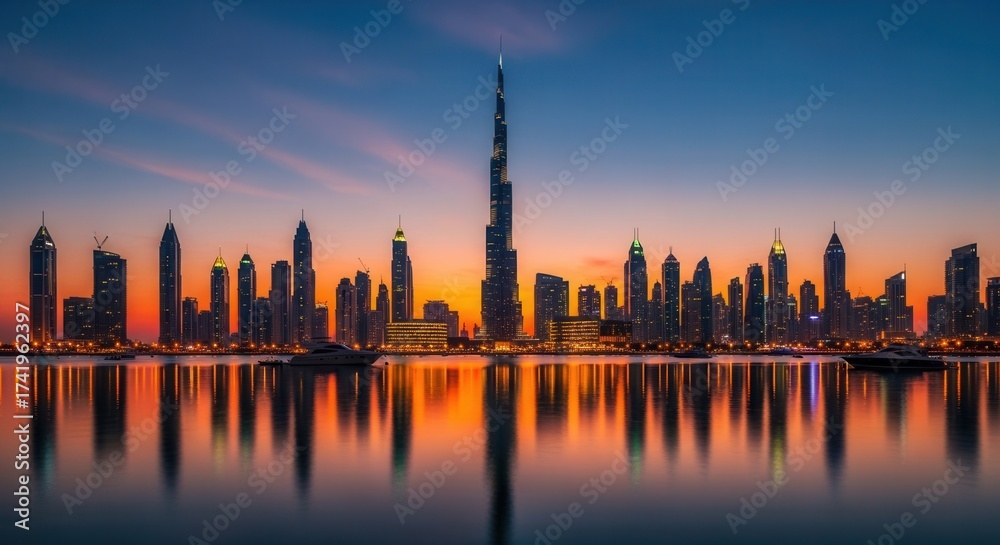 Obraz premium A vibrant sunset cityscape with a prominent skyscraper and numerous high-rise buildings reflected in still water featuring boats and illuminated urban structures