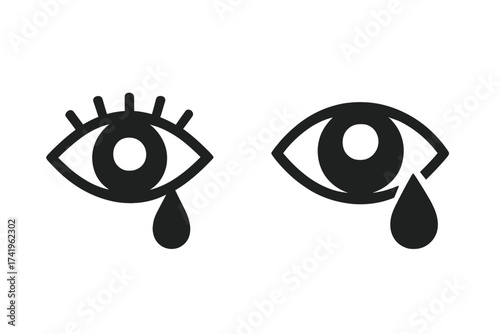 Crying eye icon set. Vector graphic symbol of sadness, grief, and sorrow. Simple black illustration of a weeping man and woman with a tear drop. Concept of depression or pain.
