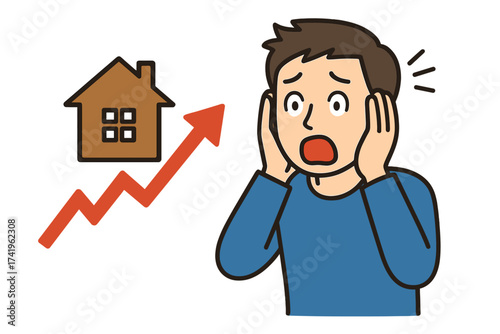 Man shocked by rising house prices. Real estate inflation, property value growth. Concept housing market crisis, financial stress, mortgage anxiety, home loan cost increase.