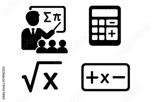 Mathematics icon set. Teacher at blackboard, calculator, algebra symbols. Vector graphic for school, university, learning, finance, and science concepts. Education illustration.