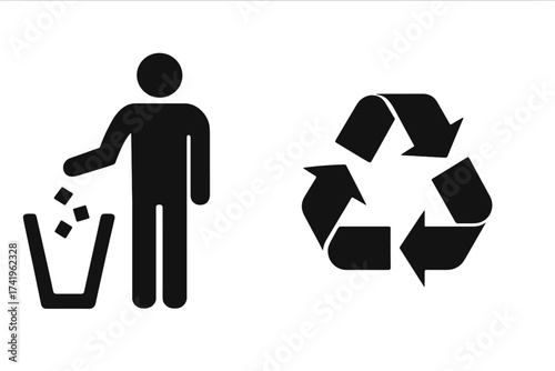 Recycle icon and trash disposal symbol. Man throwing garbage in a bin. Waste management concept for environmental care. Ecology, sustainability, and sorting rubbish vector set.