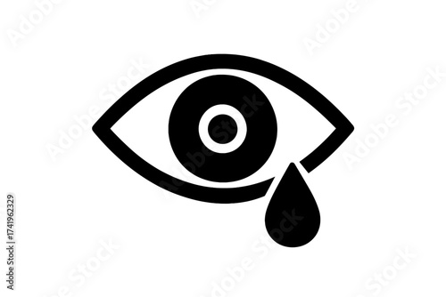 Crying eye with teardrop icon. Vector symbol of sadness, grief, and depression. Simple flat design element for concepts of emotional pain, sorrow, and mental health issues.