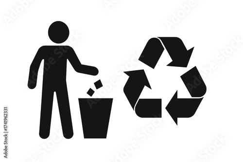 Man throwing trash in a bin next to a recycling symbol. Waste sorting and management concept. Ecology, environmental protection and sustainability vector illustration icon set.