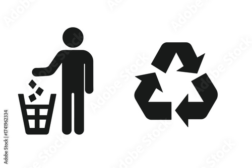 Recycle icon and trash symbol. Man throwing garbage in a bin. Vector illustration for waste management, ecology, and environmental conservation. Do not litter sign.